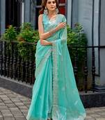 Turquoise embroidery work shimmer chiffon saree with unstitched blouse