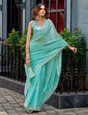 Turquoise embroidery work shimmer chiffon saree with unstitched blouse 3