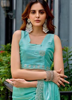 Turquoise embroidery work shimmer chiffon saree with unstitched blouse 5