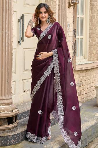 Wine embroidery work shimmer chiffon saree with unstitched blouse