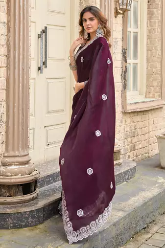 Wine embroidery work shimmer chiffon saree with unstitched blouse