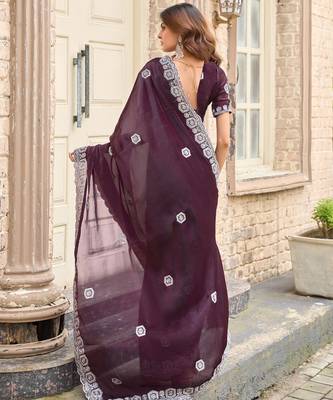 Wine embroidery work shimmer chiffon saree with unstitched blouse 4