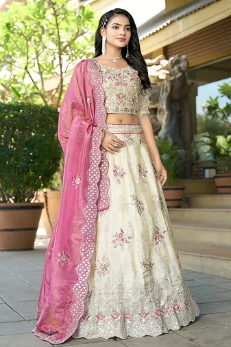 Cream Gota Work & Codding Pure Cosmos Viscose Lehenga
