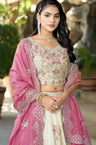 Cream Gota Work & Codding Pure Cosmos Viscose Lehenga