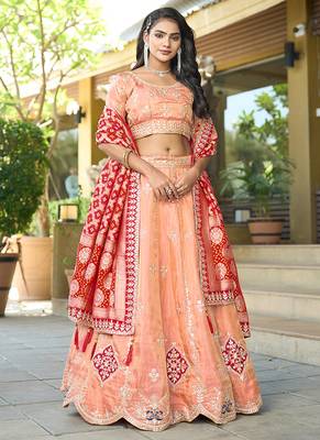 Peach Gota Work & Codding Pure Cosmos Viscose Lehenga 1