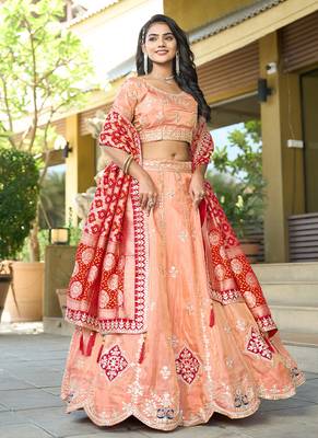 Peach Gota Work & Codding Pure Cosmos Viscose Lehenga 3