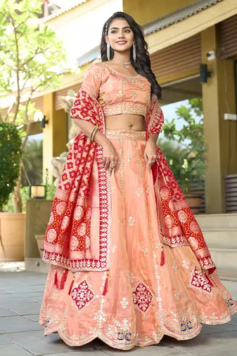 Peach Gota Work & Codding Pure Cosmos Viscose Lehenga