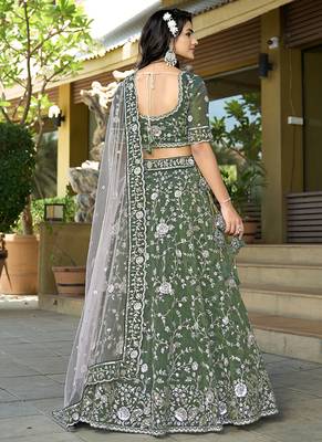 Green Gota Work & Codding Pure Cosmos Tissue Lehenga 2