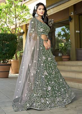 Green Gota Work & Codding Pure Cosmos Tissue Lehenga 3