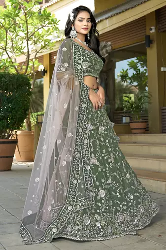 Green Gota Work & Codding Pure Cosmos Tissue Lehenga