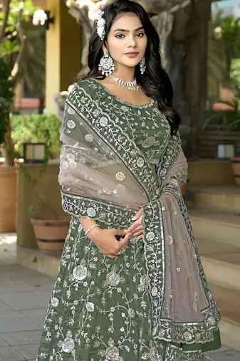 Green Gota Work & Codding Pure Cosmos Tissue Lehenga