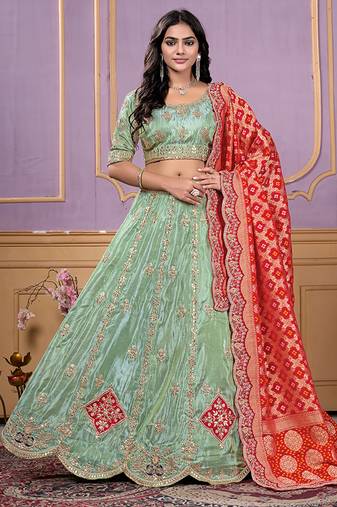sea-green Gota Work & Codding Pure Cosmos Viscose Lehenga