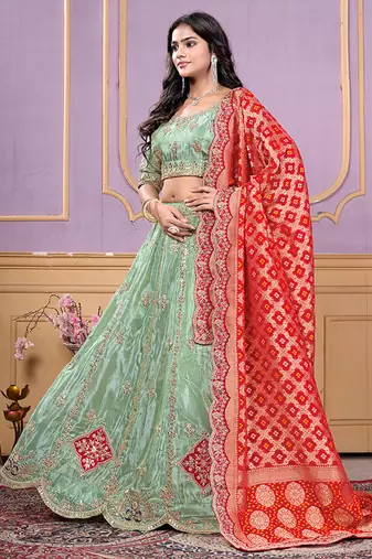 sea-green Gota Work & Codding Pure Cosmos Viscose Lehenga