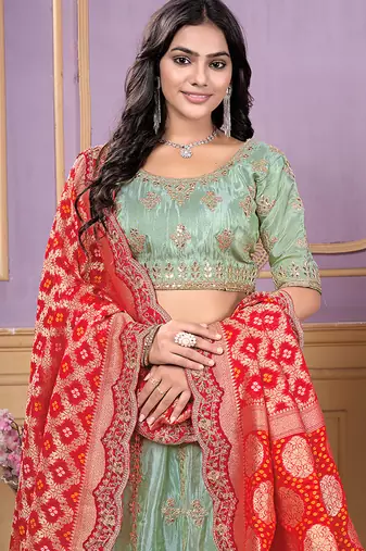 sea-green Gota Work & Codding Pure Cosmos Viscose Lehenga