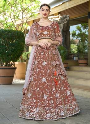 Brown ZARKAN & Sequence Pure Cosmos Tissue Lehenga 1