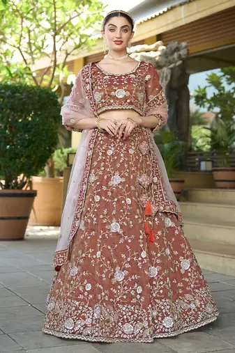Brown ZARKAN & Sequence Pure Cosmos Tissue Lehenga