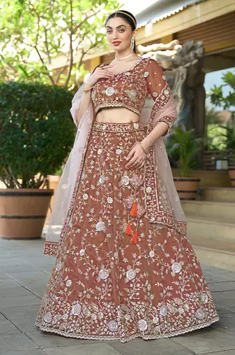 Brown ZARKAN & Sequence Pure Cosmos Tissue Lehenga