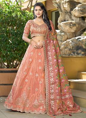 Orange Gota Work Position Print Pure Cosmos Viscose Lehenga 1