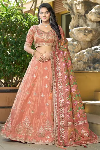 Orange Gota Work Position Print Pure Cosmos Viscose Lehenga