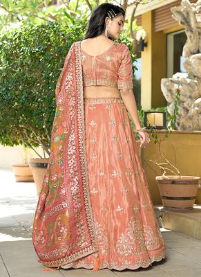 Orange Gota Work Position Print Pure Cosmos Viscose Lehenga 2