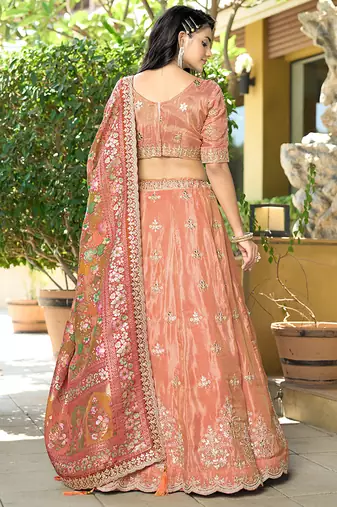 Orange Gota Work Position Print Pure Cosmos Viscose Lehenga