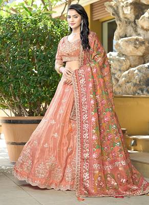 Orange Gota Work Position Print Pure Cosmos Viscose Lehenga 3