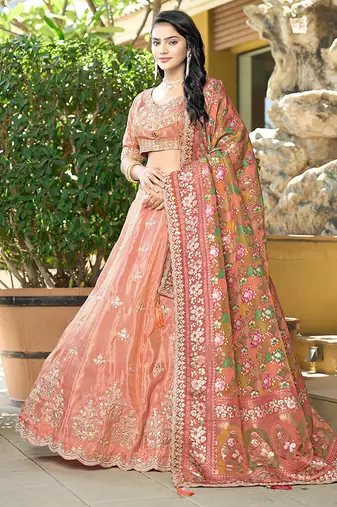 Orange Gota Work Position Print Pure Cosmos Viscose Lehenga