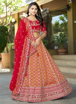 Red Gota Work & Codding Pure Viscose Silk Lehenga 1