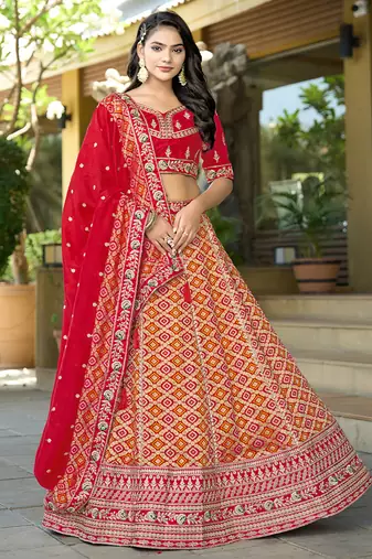 Red Gota Work & Codding Pure Viscose Silk Lehenga