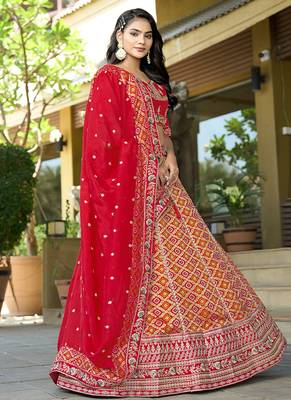 Red Gota Work & Codding Pure Viscose Silk Lehenga 3