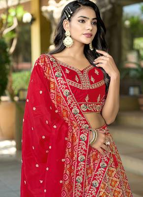 Red Gota Work & Codding Pure Viscose Silk Lehenga 4