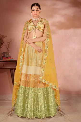 Yellow & Green embroidered Sequence & Zarakan Work