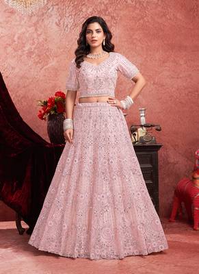 Pink Mirror Zarkan With Hand Work Net Lehenga 1