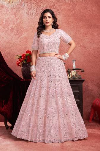 Pink Mirror Zarkan With Hand Work Net Lehenga