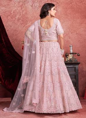 Pink Mirror Zarkan With Hand Work Net Lehenga 2