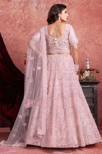 Pink Mirror Zarkan With Hand Work Net Lehenga