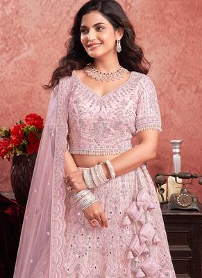Pink Mirror Zarkan With Hand Work Net Lehenga 3