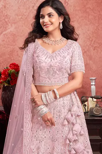 Pink Mirror Zarkan With Hand Work Net Lehenga