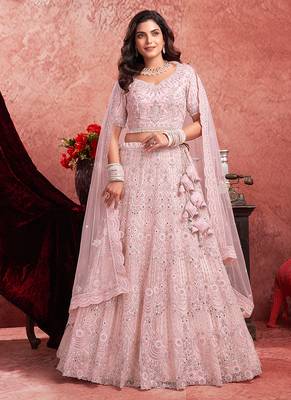 Pink Mirror Zarkan With Hand Work Net Lehenga 4
