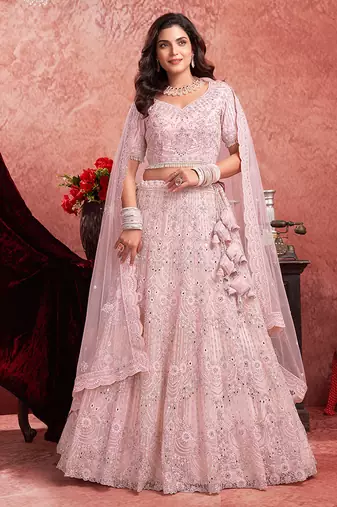 Pink Mirror Zarkan With Hand Work Net Lehenga
