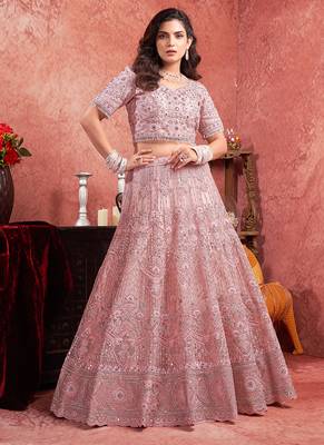 Pink Mirror Zarkan & Hand Work Net Lehenga 1