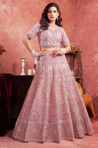 Pink Mirror Zarkan & Hand Work Net Lehenga