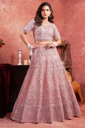 Pink Mirror Zarkan & Hand Work Net Lehenga