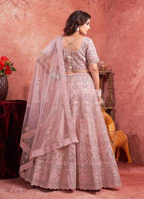 Pink Mirror Zarkan & Hand Work Net Lehenga 2