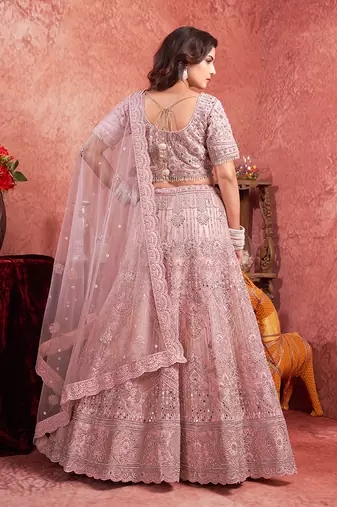 Pink Mirror Zarkan & Hand Work Net Lehenga
