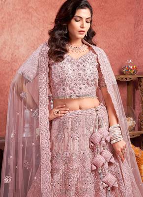 Pink Mirror Zarkan & Hand Work Net Lehenga 3