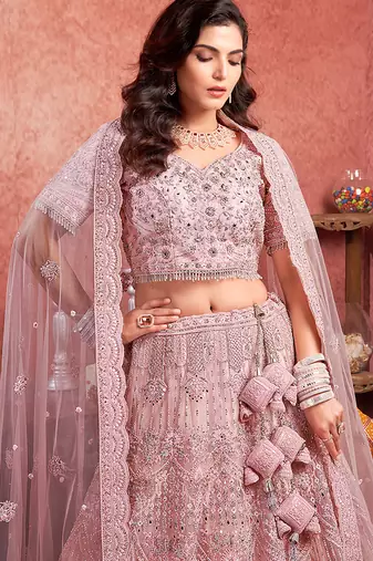 Pink Mirror Zarkan & Hand Work Net Lehenga
