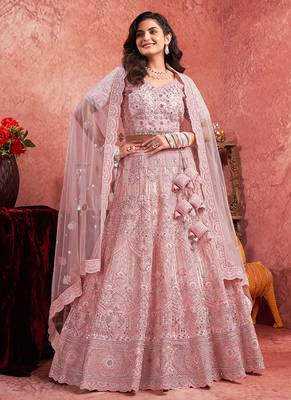 Pink Mirror Zarkan & Hand Work Net Lehenga 4