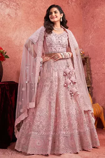 Pink Mirror Zarkan & Hand Work Net Lehenga
