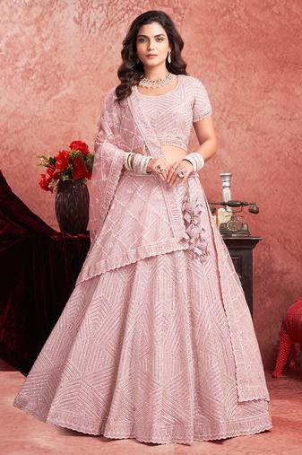 Pink Mirror Zarkan Hand Work Net Lehenga